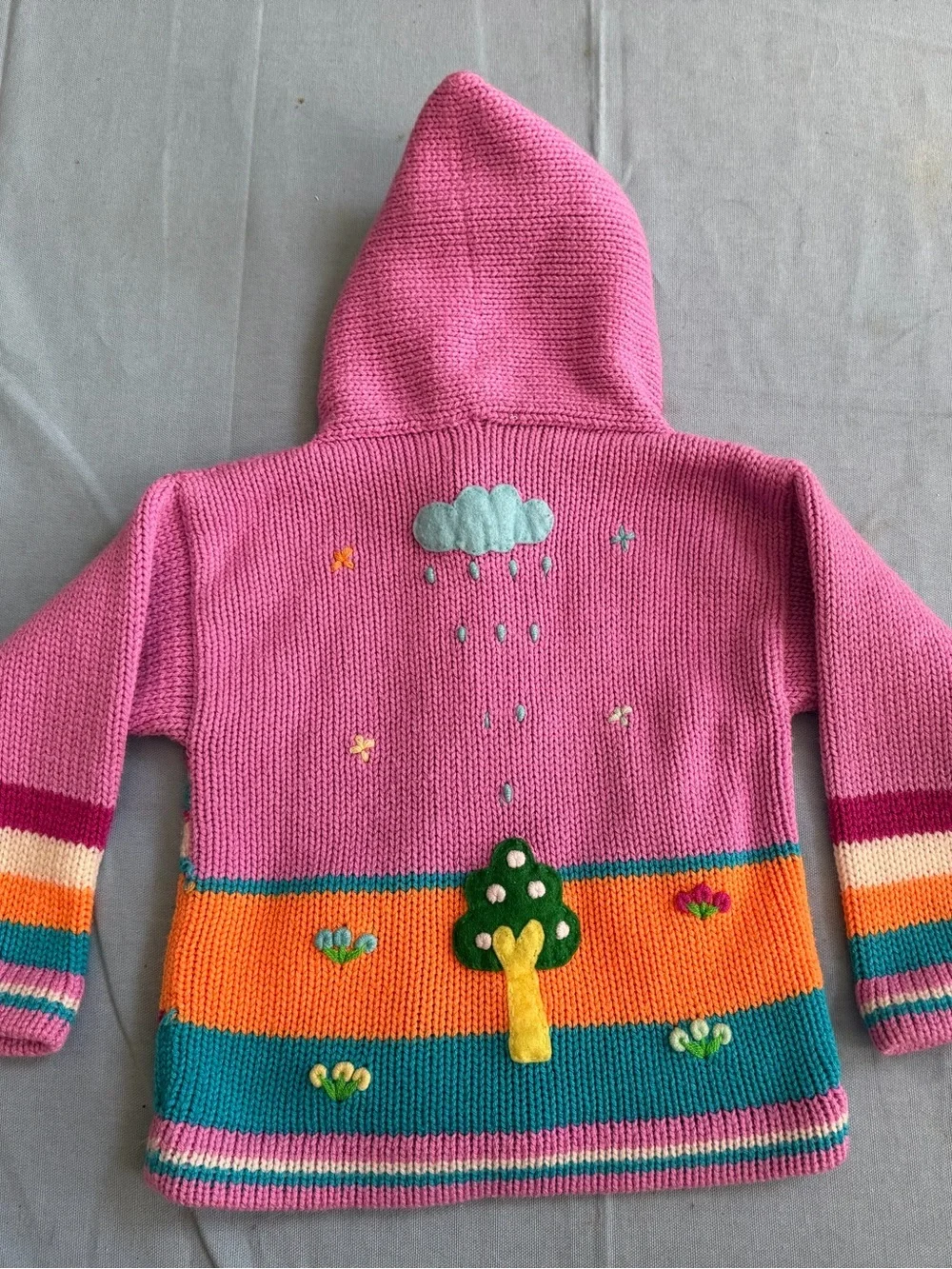 Hand Embroidered Pink Peruvian Kids Hooded Sweater Cardigan Girls Sz 4 Handmade